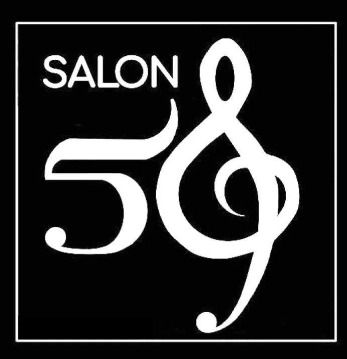 Logo for Salon 59 featuring the word 'SALON' in small white letters and '59' in large stylized white font with a musical note design, on a black background.