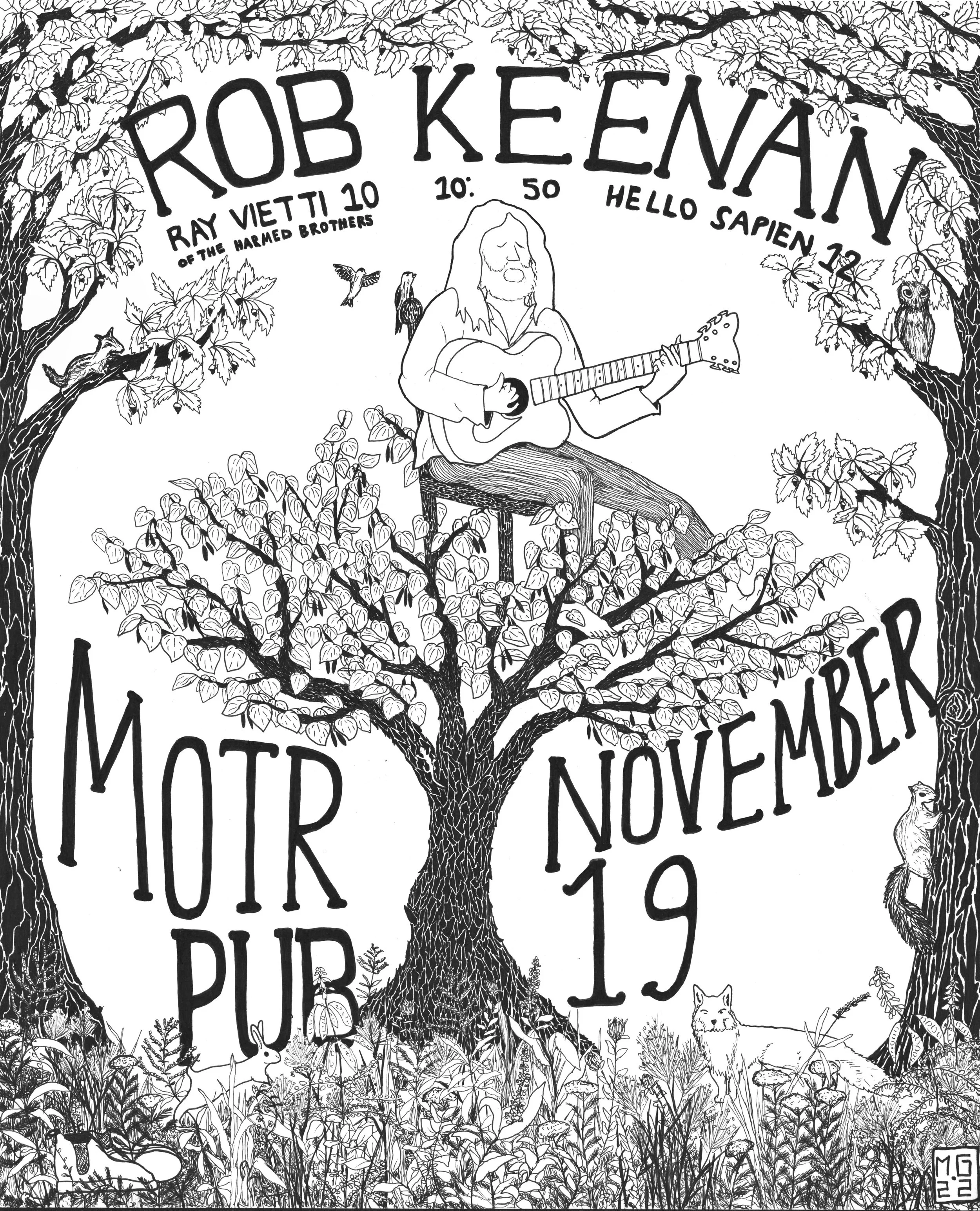 A black and white illustration of a forest scene with a large tree at the center. Inside the tree, there is text reading "Rob Keenaw" and various phrases such as "Ray Vietti 10", "Hello Sapien 50", "Motd", and "Novem 19". Surrounding the central tree are smaller trees, animals, including a fox, a wolf, bats, and birds, and detailed foliage and plants.