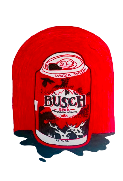 Drawing of a Busch beer can with a black and red color scheme, surrounded by a red background.