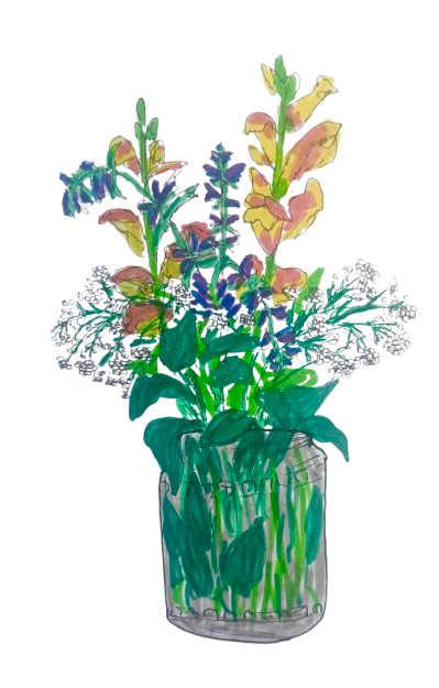 Hand-drawn illustration of a potted flower arrangement with various colorful flowers and green leaves.
