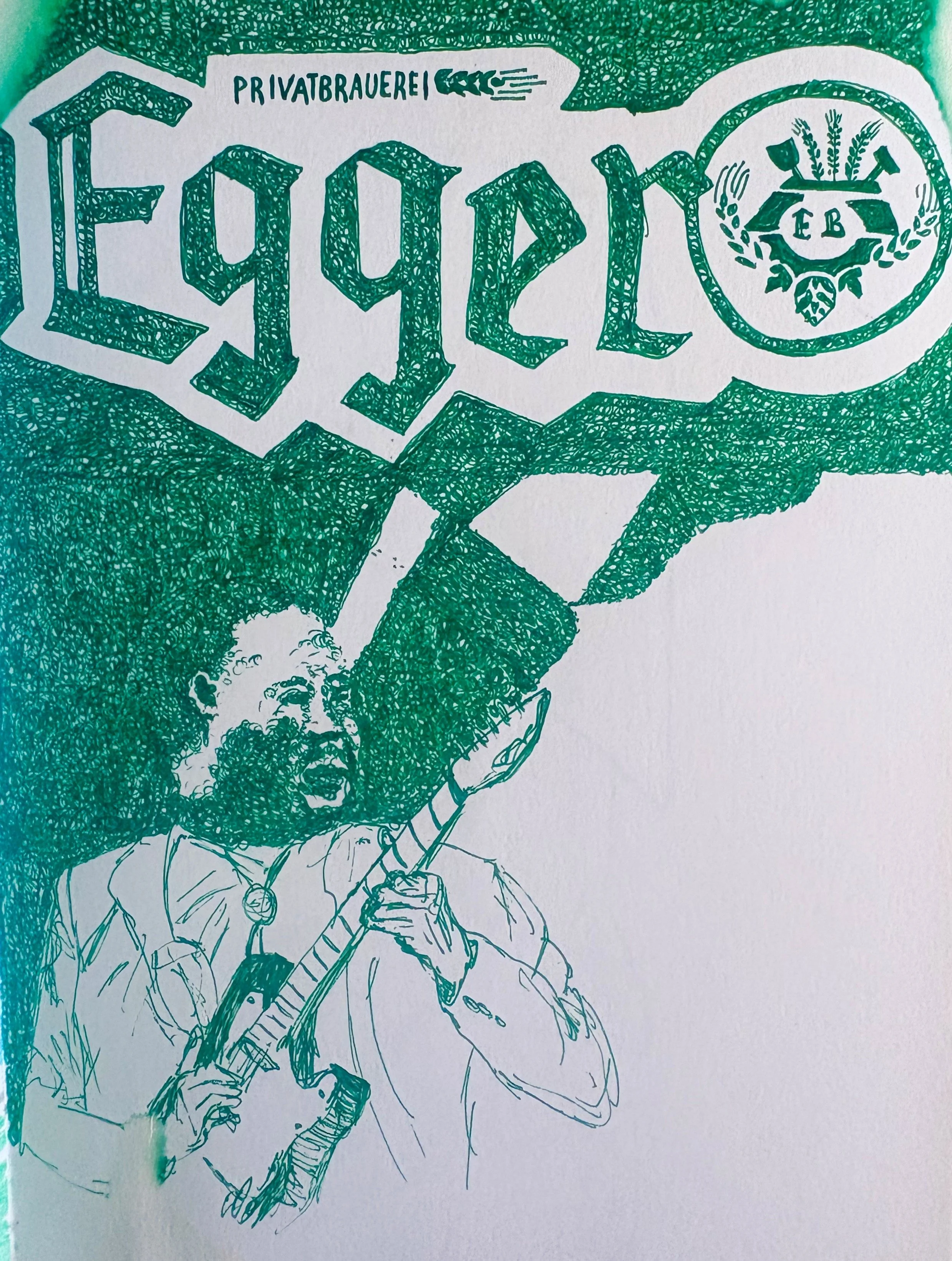 A drawing of a person holding a rifle, with the person's face depicted in a sketch style. The person has curly hair and is wearing a jacket. The background features a large stylized text reading 'EQUEL' with a circular emblem containing wheat, a watering can, and the letters 'EB', along with the word 'Privatbrauerei' at the top.