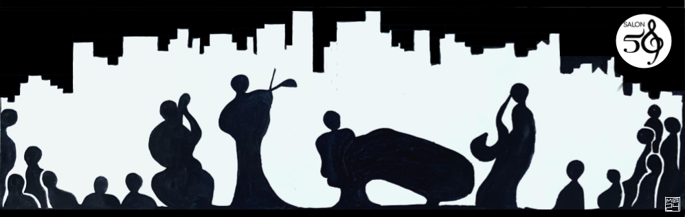 Silhouettes of dancers performing on stage with an abstract cityscape backdrop, surrounded by an audience, in a black and white aesthetic.