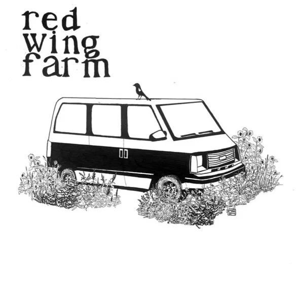 Line drawing of a van parked in a garden with flowers and plants, with a small bird perched on top of the van, and the text 'red wing farm' in stylized font.