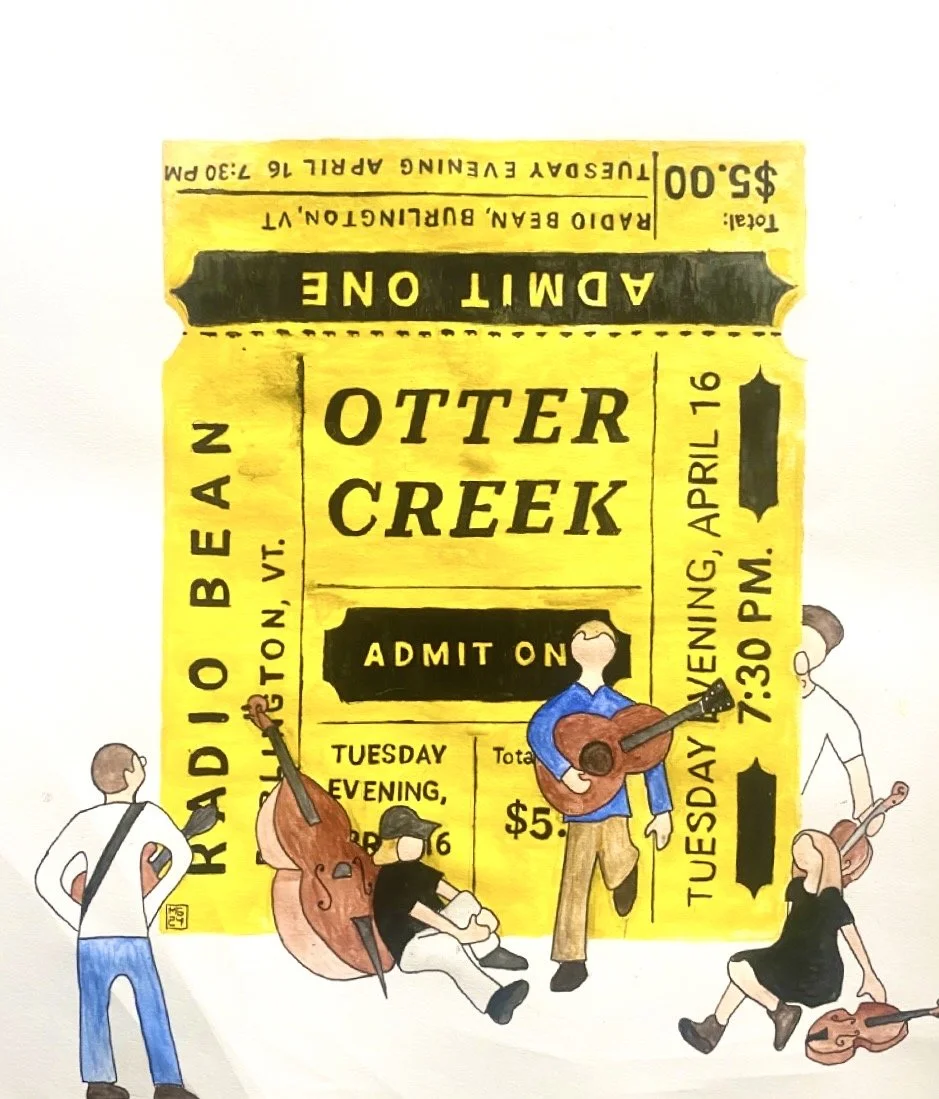 Illustration of a yellow Otter Creek concert ticket with four children playing musical instruments around it, including a girl sitting with a guitar and another girl with a violin, and two boys, one with a guitar and one with a banjo, all drawn in a cartoon style.