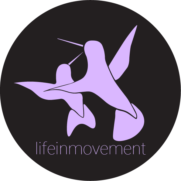 A stylized illustration of a flying bird in purple with the text 'lifeinmovement' underneath.