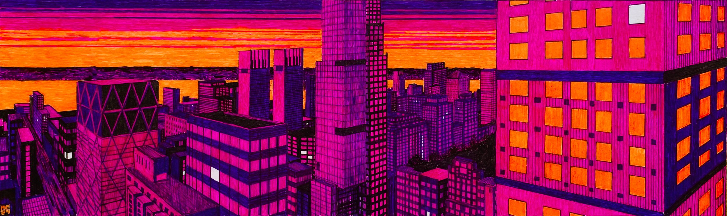 Digital artwork of a city skyline at sunset in neon pinks and oranges, with various tall skyscrapers and a body of water in the background.