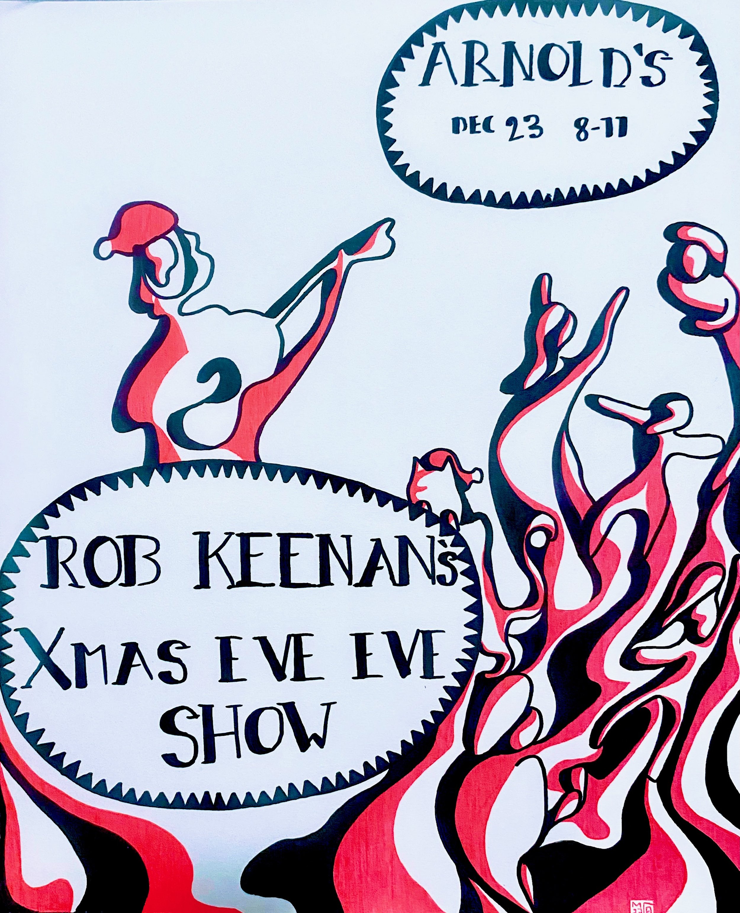 A portion of a promotional poster for Arnold's show from December 23, 8 to 11. The poster features artistic illustrations of two people, one with a Santa hat, and another with their hand raised, along with stylized, jagged-edged text.