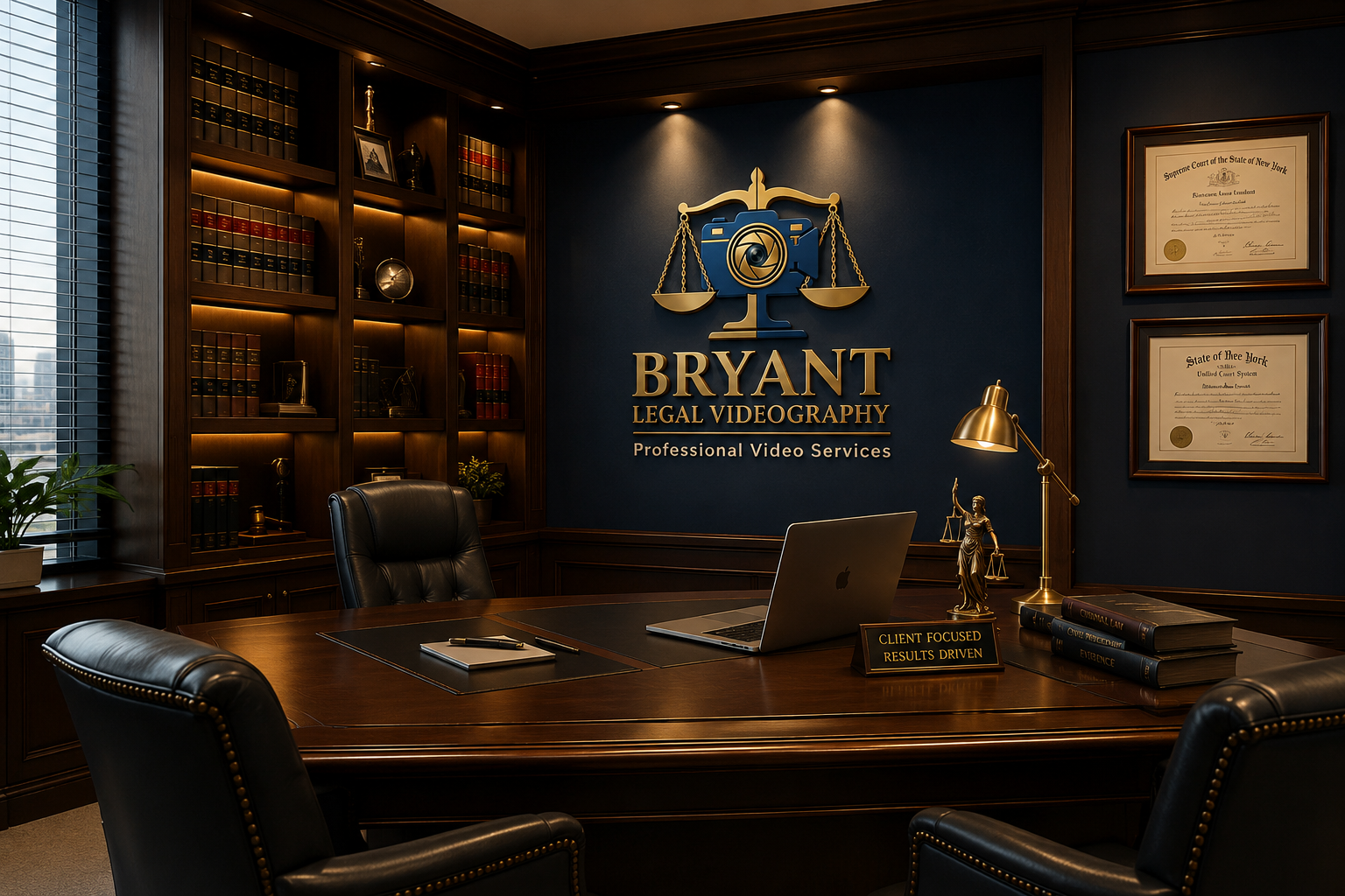 Elegant office with dark wood furniture, a large desk, leather chairs, and bookshelves. A computer, desk lamp, and legal books are on the desk. The wall features a Bryant Legal Videography logo with scales and camera symbols, and framed legal certificates.