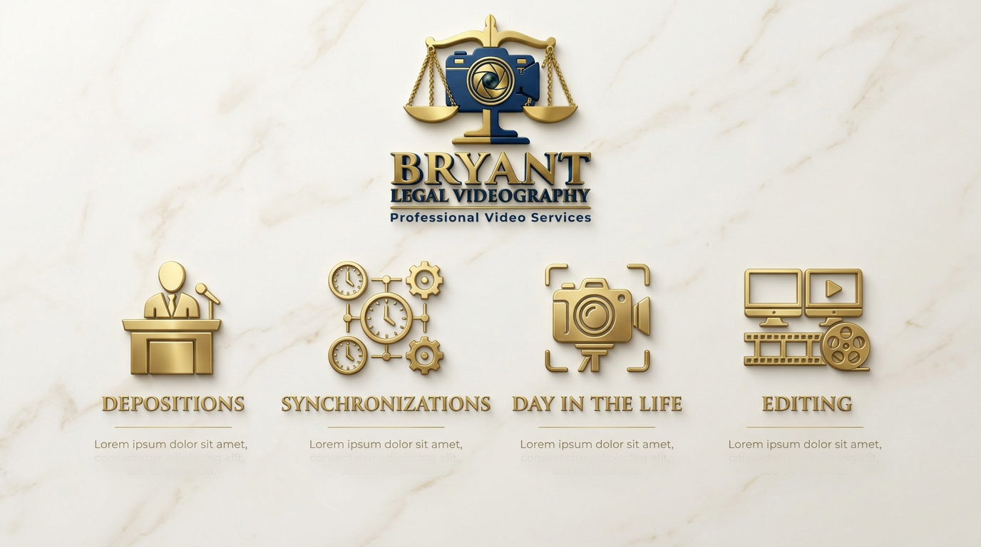 Company logo at the top with a camera, scales of justice, and a gavel, labeled 'Bryant Legal Videography - Professional Video Services'. Four gold icons below represent Deposition, Synchronizations, Day in the Life, and Editing, each with their respective labels and placeholder text.