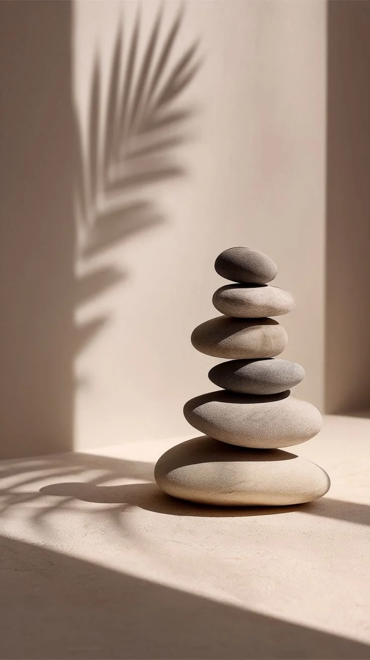 Stacked smooth stones casting shadows on a light-colored surface with a shadow of a palm leaf on the wall.