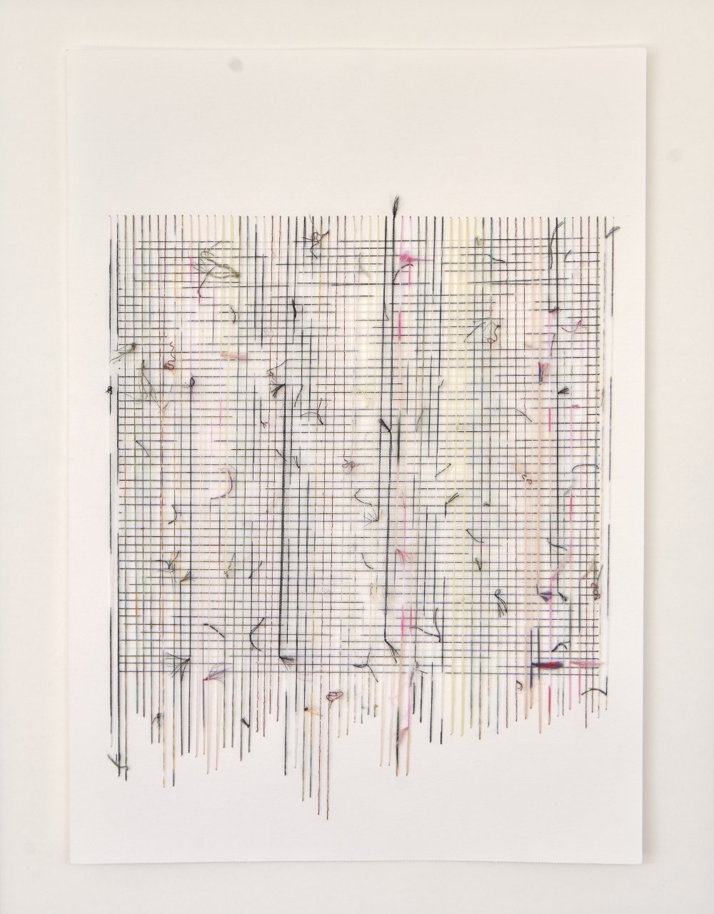 Weaving and Knots / 
Threads of fabrics hand-sewn on cotton paper. 
30 x 42 cm. unframed. 
2024

