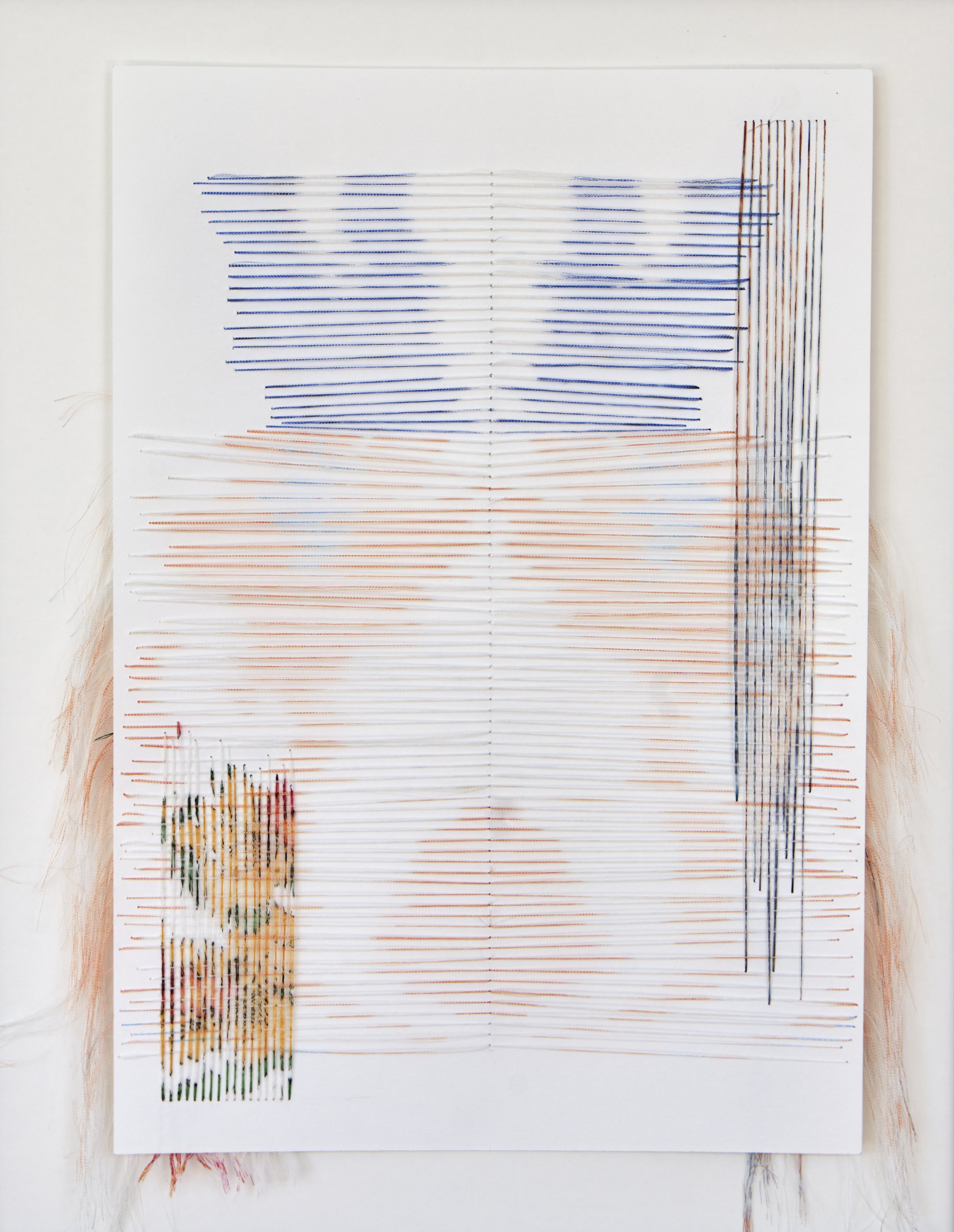 Orange and Blue Flowers / 
Threads of fabrics hand-sewn on cotton paper. 
30 x 42 cm. unframed. 
2024