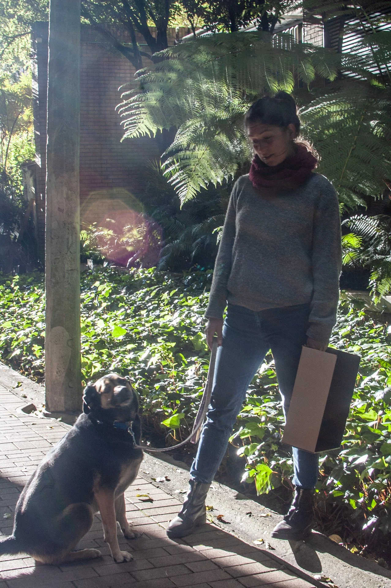 Una mujer con sombra, en un entorno boscoso urbano, con un perro criollo sentado frente a ella.