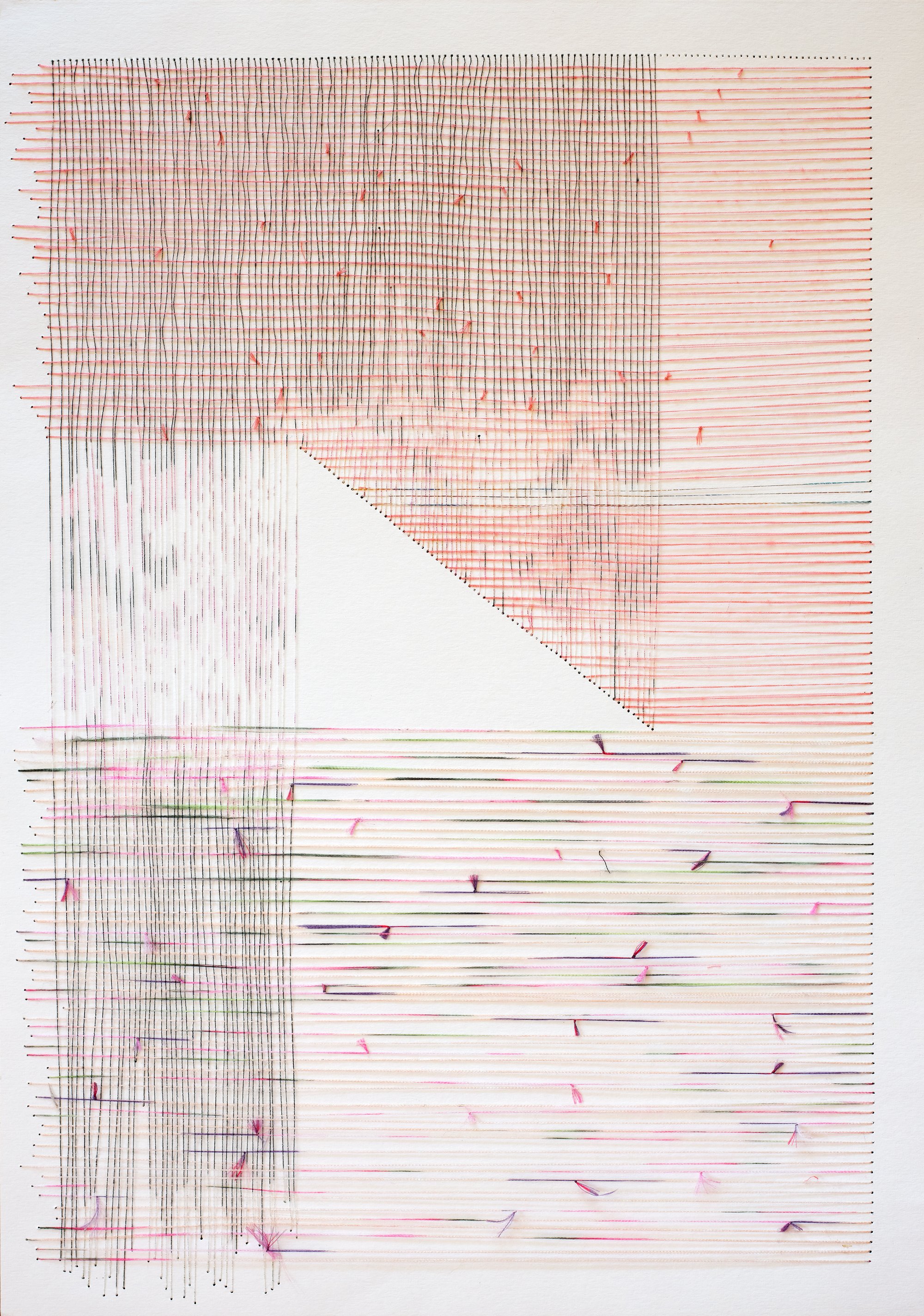 Brick and Flower / 
Threads of fabrics hand-sewn on cotton paper. 
30 x 42 cm. unframed. 
2024