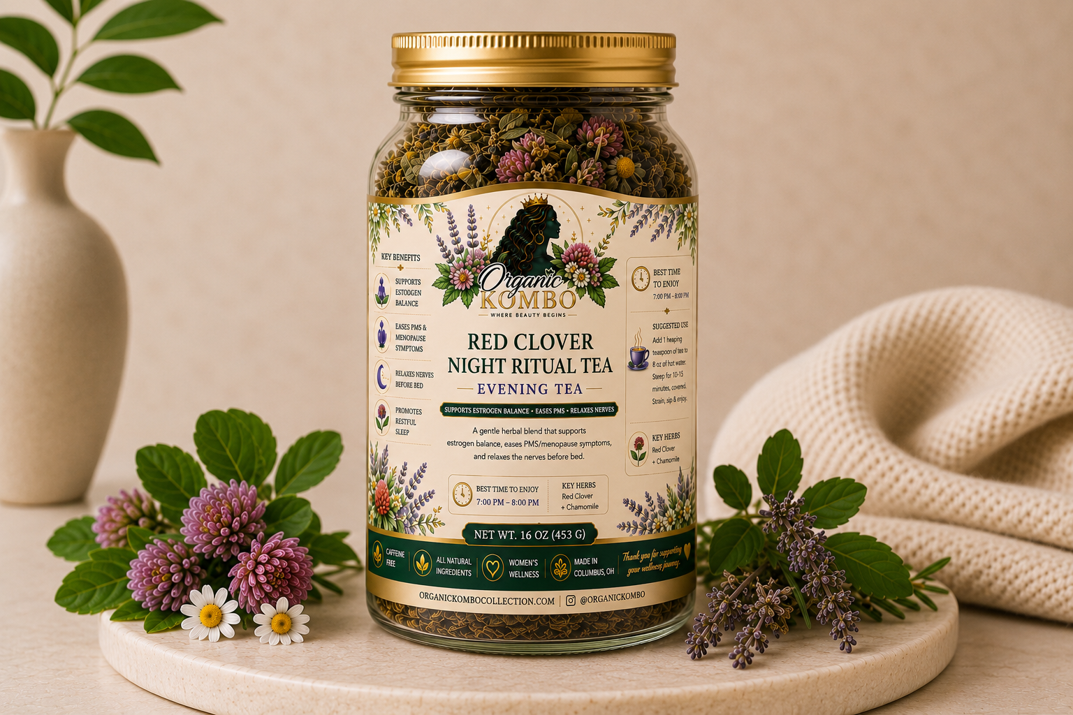 Organic Kombo Red Clover Night Ritual Evening Tea loose leaf herbal tea in a 16 oz glass jar with red clover, chamomile, and botanical herbs.