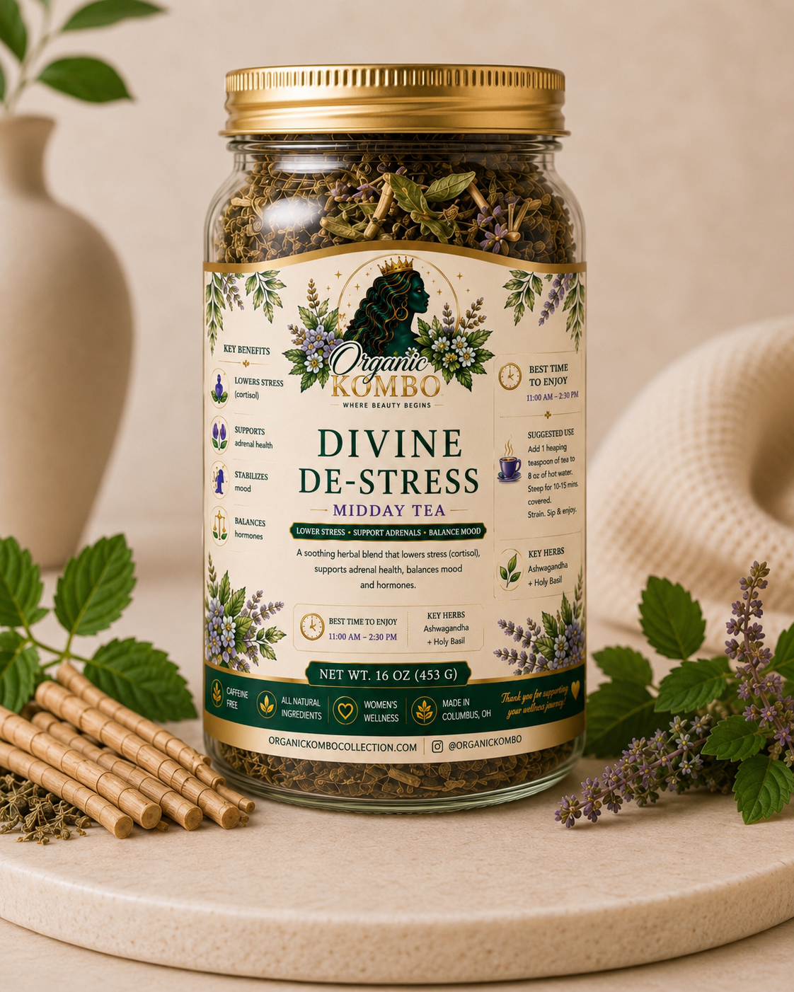 Organic Kombo Divine De-Stress Midday Tea loose leaf herbal tea in a 16 oz glass jar with ashwagandha, holy basil , and botanical herbs.