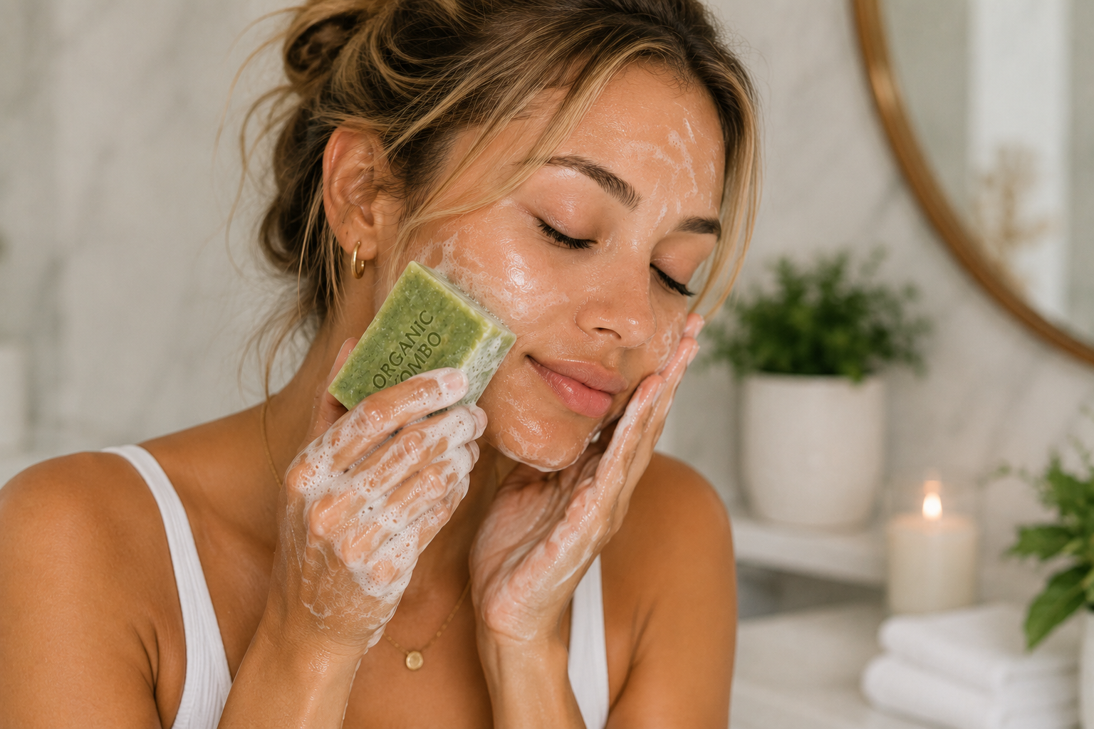Woman holding Organic Kombo handmade herbal soap during her skincare routine.