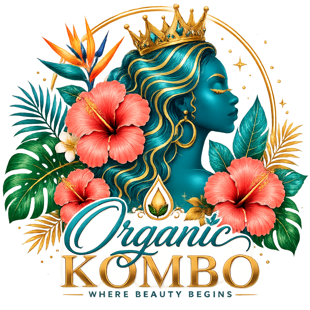 Prganic Kombo logo featuring a crowned woman surrounded by tropical flowers and leaves with the tagline "Where Beauty Begins."