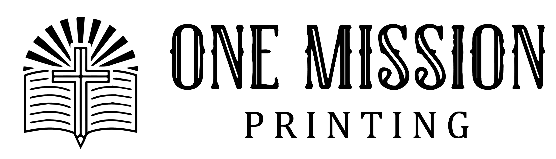 Logo for ONE MASSION PRINTING featuring a stylized cross over an open book with rays emanating from behind it.