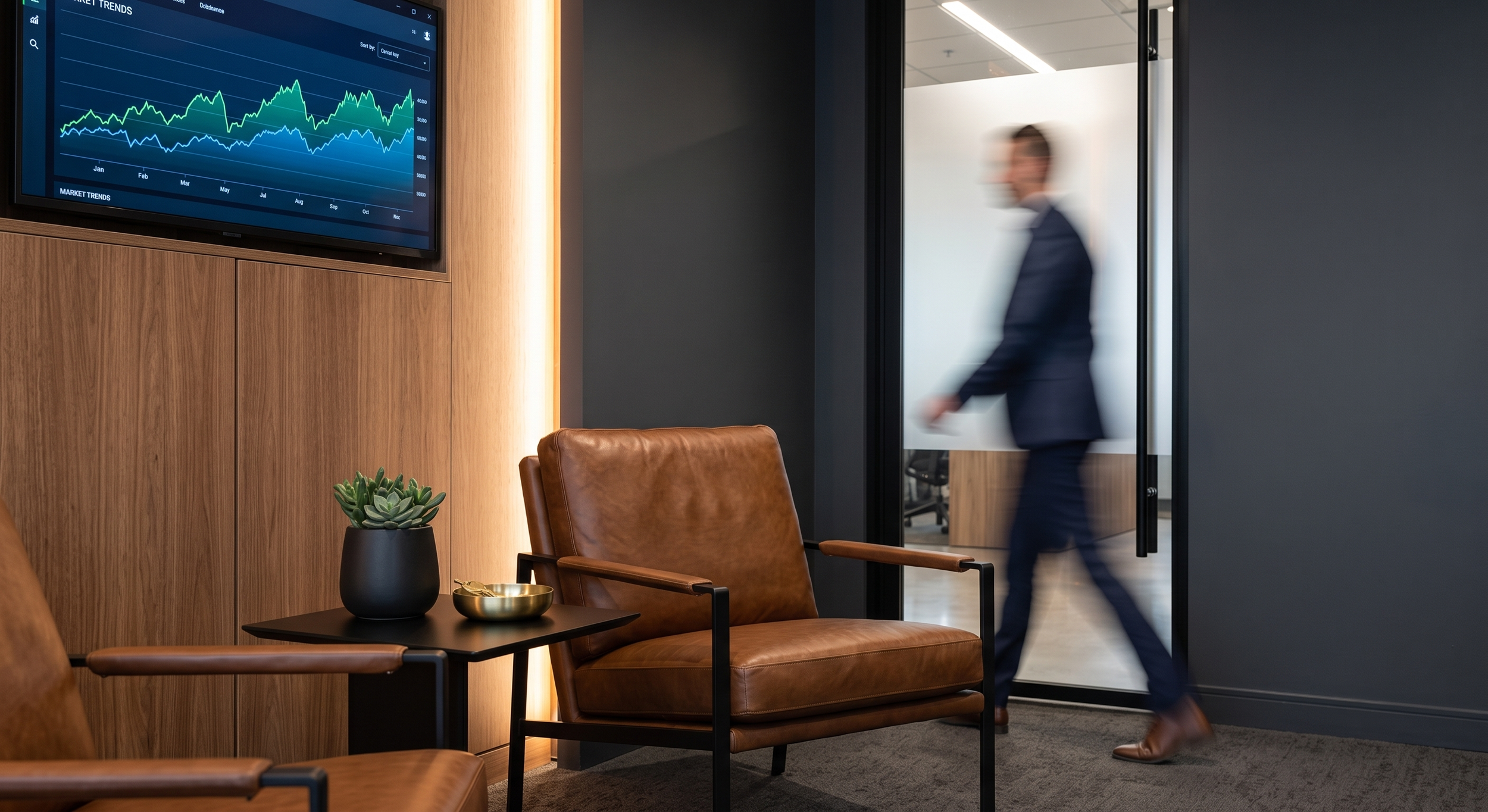 Modern office waiting area with brown leather chairs, a small black side table with a plant and a decorative bowl, and a wall-mounted digital chart display. A man in a suit and face mask walks past a glass door toward an office space.