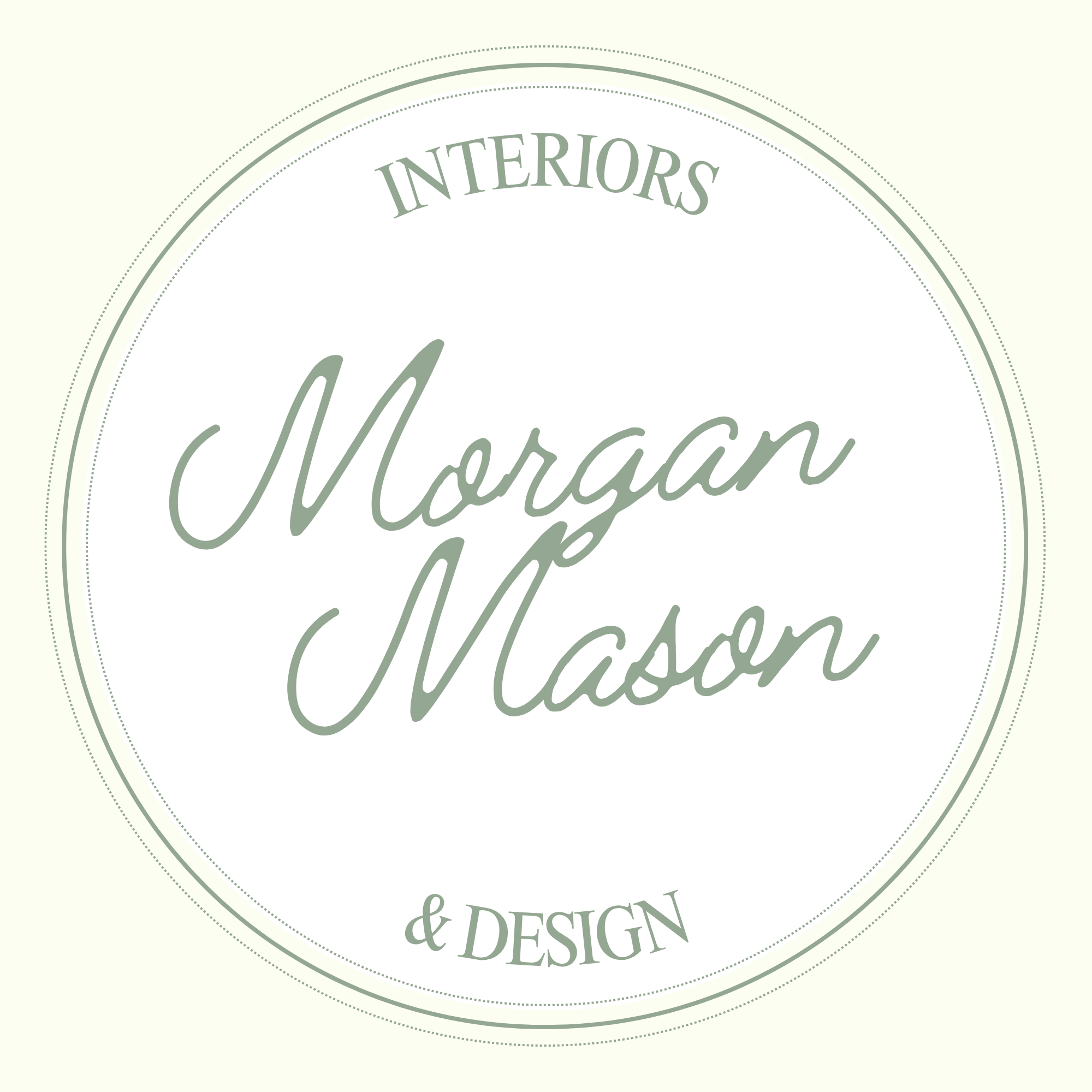 Decorative label for an interior design and decoration business, with a light green background, circular border, and elegant script typography.