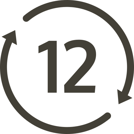 A black clock icon with the number 12 in the center and circular arrows surrounding it, indicating a 12-hour cycle.
