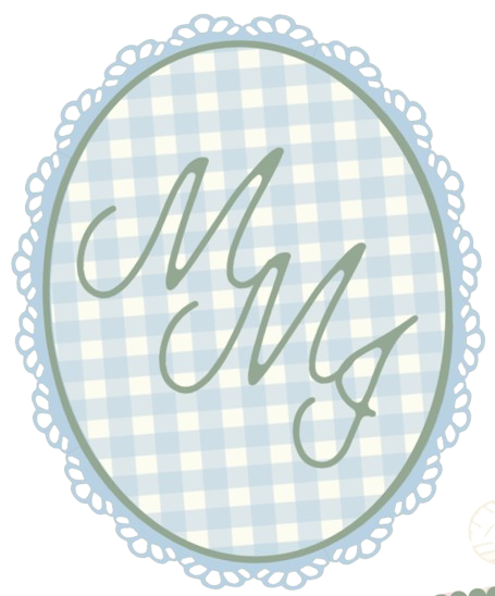 An oval-shaped decorative sign with a blue and white checkered background, lace-like border, and the letter 'M' repeated three times in cursive font.