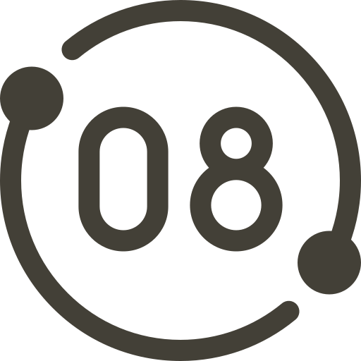 Number 08 inside a stylized circle with connecting dots, representing a speed or progress indicator.