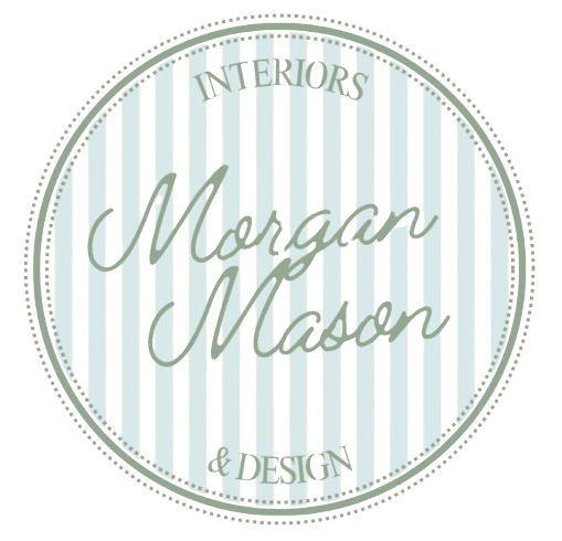 Circular logo with black and white vertical stripes in the background, featuring the text 'Winners Morgan Mason & Design' in light green cursive font.