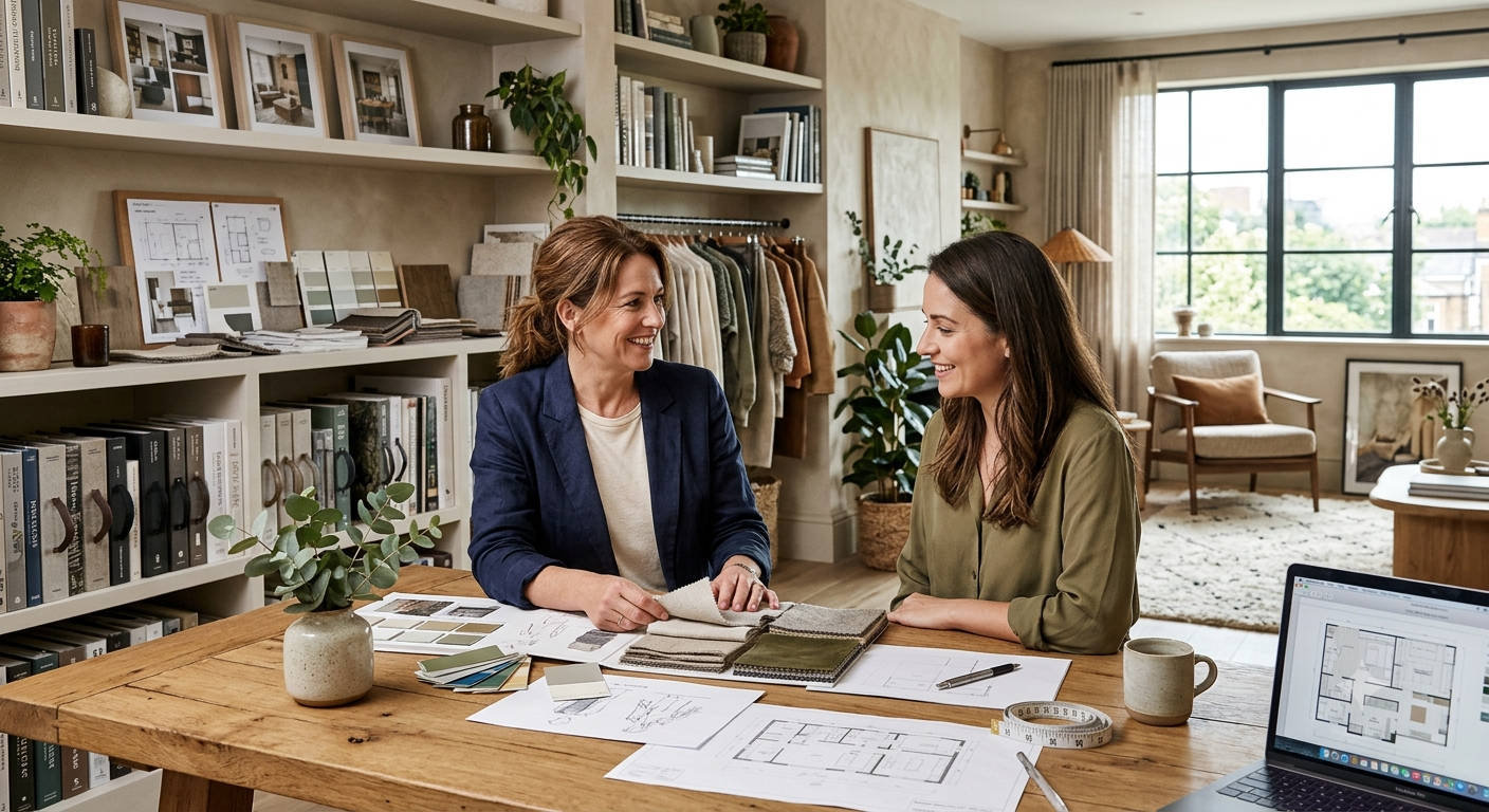Two women are sitting at a wooden table in a well-lit interior design studio, discussing home improvement plans. They are looking at fabric samples, color swatches, and architectural blueprints. Shelves behind them hold design books, fabric samples, and decorative items. A laptop on the table displays home floor plans.