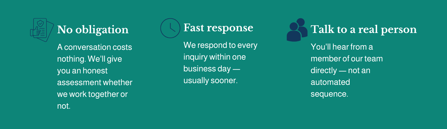Information grid with three columns: No obligation, Fast response, Talk to a real person. Each column contains icons and descriptive text about service features.