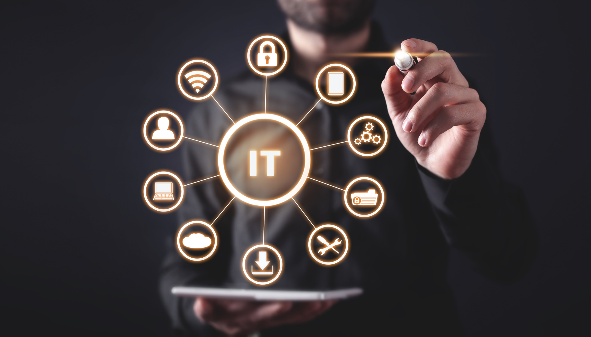 A person holding a tablet with an overlay of glowing icons representing IT concepts such as Wi-Fi, lock, mobile phone, gears, folder, download, cloud, airplane, and user, connected around a central 'IT' label.