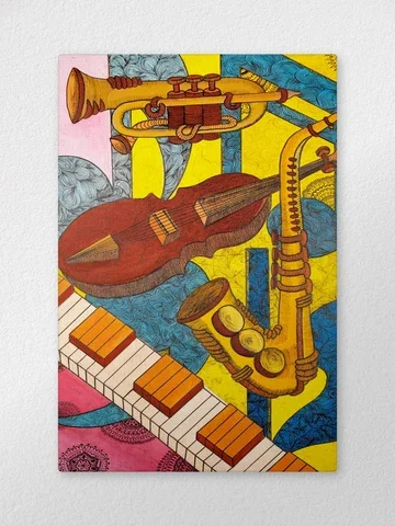 A colorful abstract painting featuring a saxophone, a trumpet, a piano keyboard, and a violin against a vibrant background with various geometric shapes and patterns.