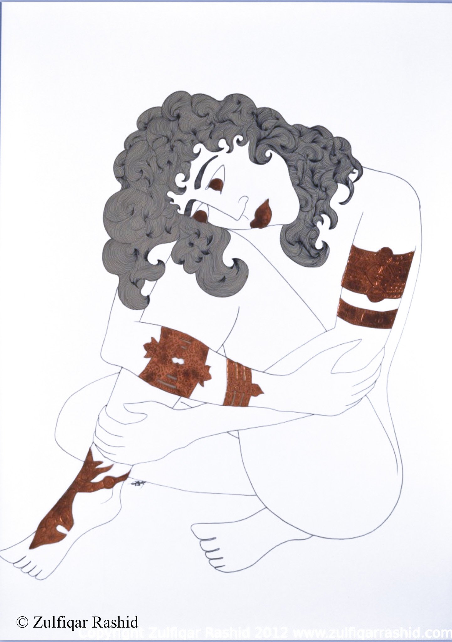 Line art drawing of a woman with curly hair wearing bracelets and rings, sitting with her knees up and her hands resting on her knees.