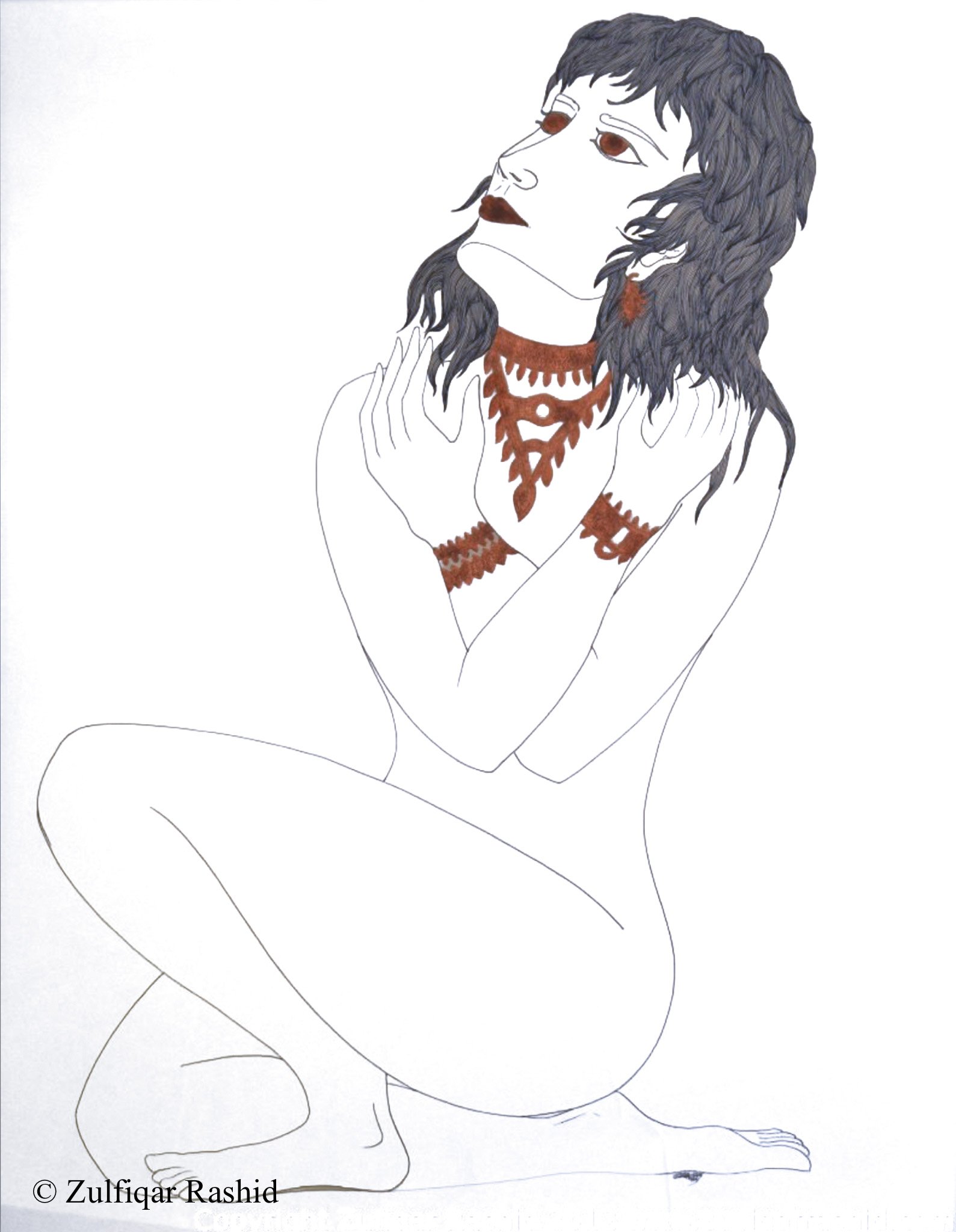 A line drawing of a woman with curly hair wearing jewelry, sitting with one leg bent and her hand near her face, looking to the side.