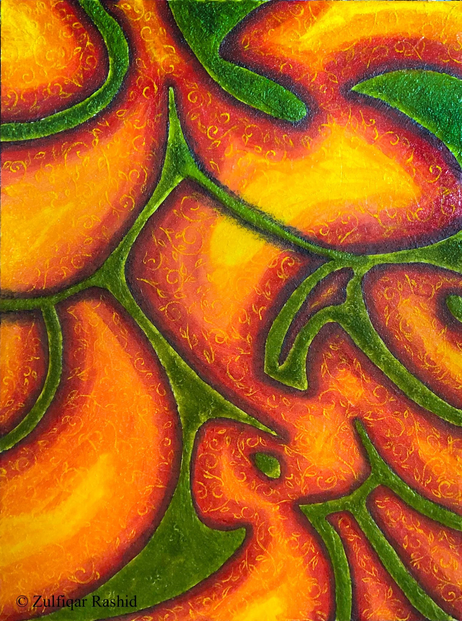 Close-up of a colorful artwork depicting red, yellow, and green abstract shapes with intricate patterns, resembling a mosaic or stained glass design.