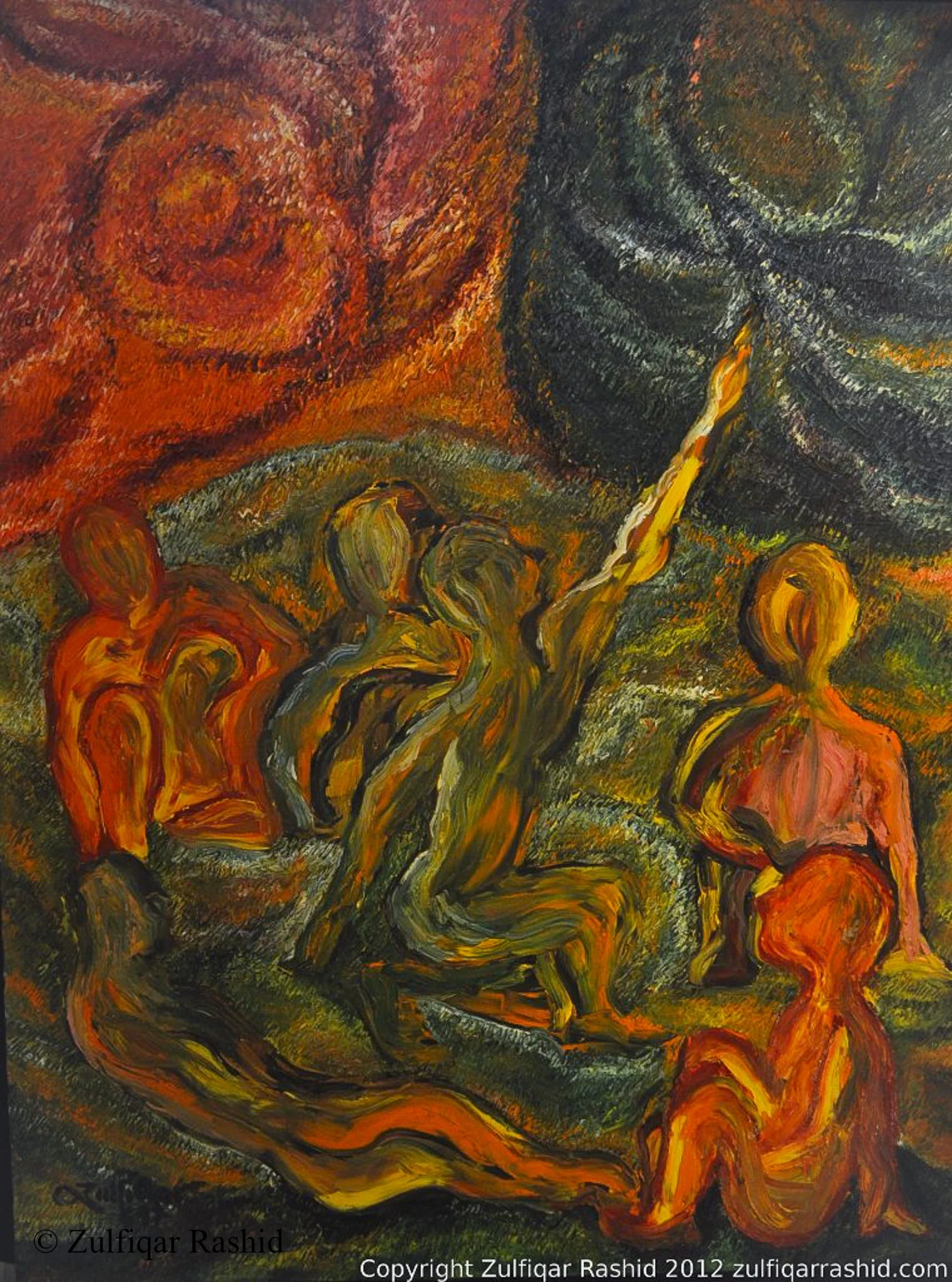 An abstract painting with swirling patterns and vivid colors, predominantly featuring warm tones of red, orange, and yellow, with contrasting darker and cooler shades of green and black.
