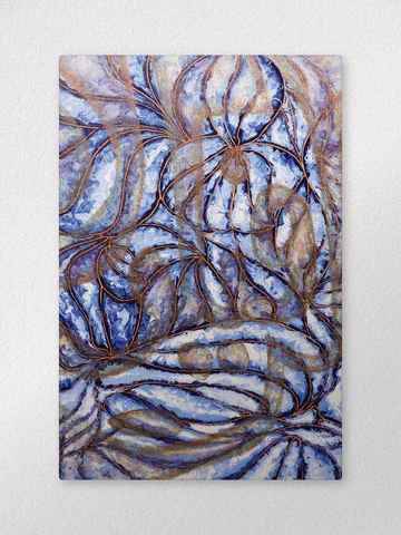 Abstract painting with swirling lines and shapes in shades of blue, brown, and white.