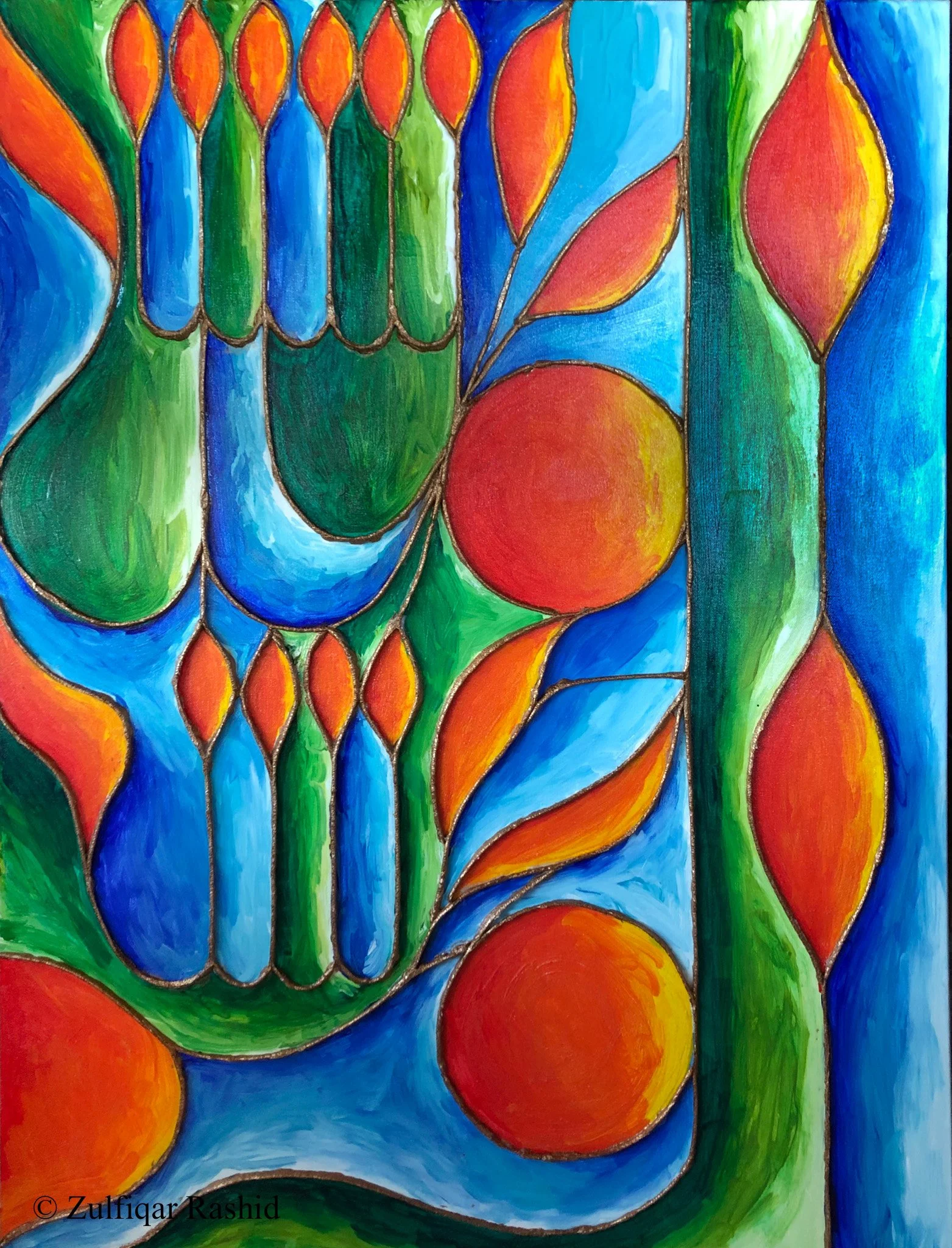 Abstract painting with colorful shapes including orange, red, green, and blue, outlined in black, creating a vibrant mosaic pattern.
