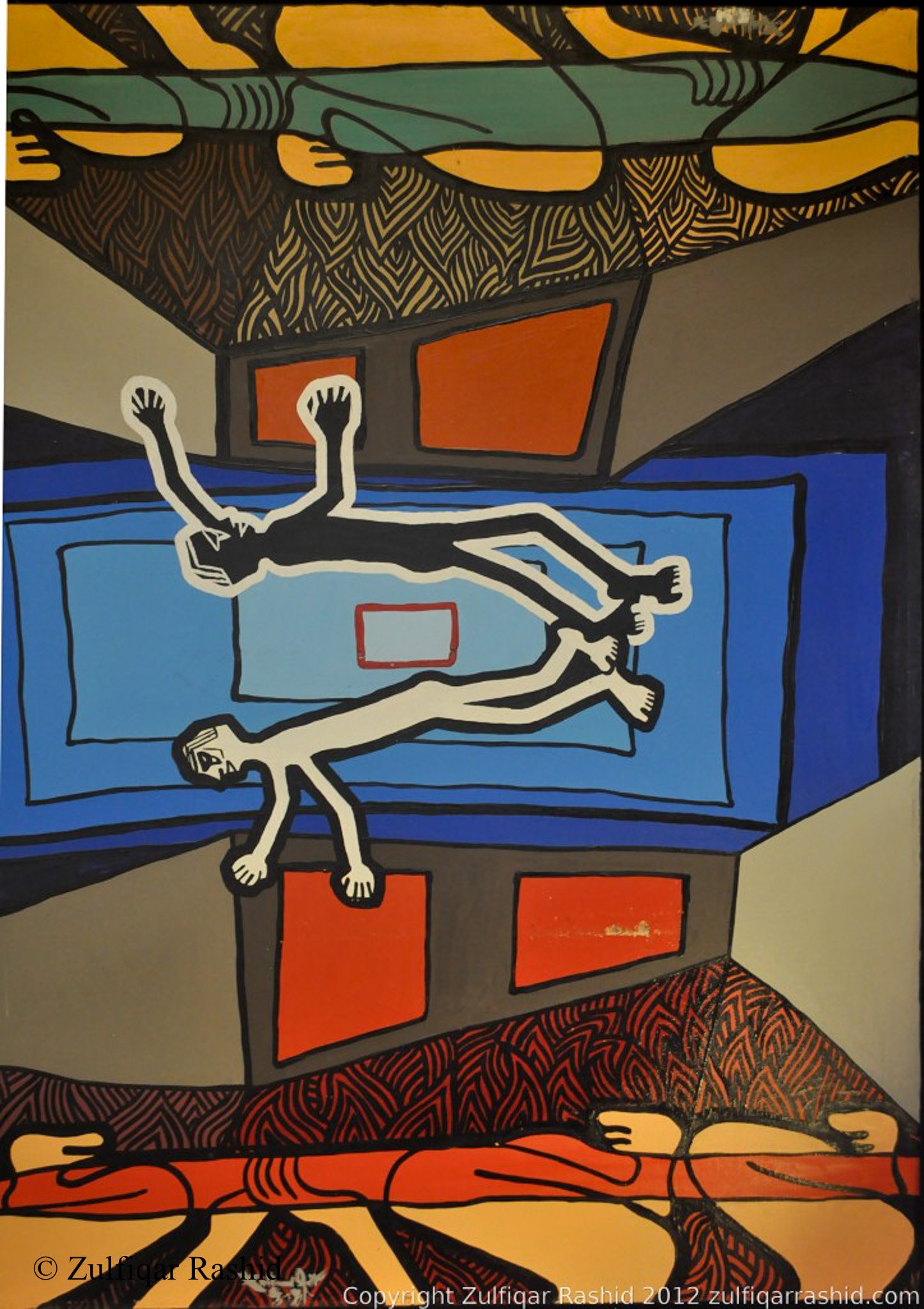 An abstract painting featuring human-like figures with outstretched arms, lying on a bed with orange and blue blankets. The scene has a textured, patterned background with bold black outlines and vibrant colors.