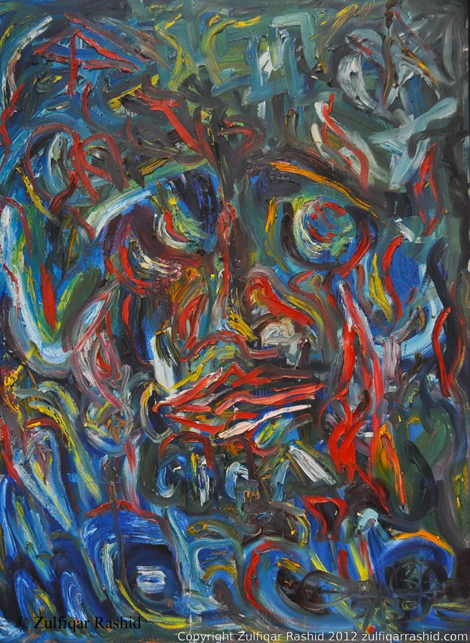 An abstract painting with swirling strokes of blue, red, green, yellow, black, white, and orange colors.