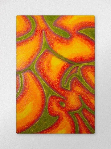 Abstract painting with orange and yellow swirling shapes outlined in green.