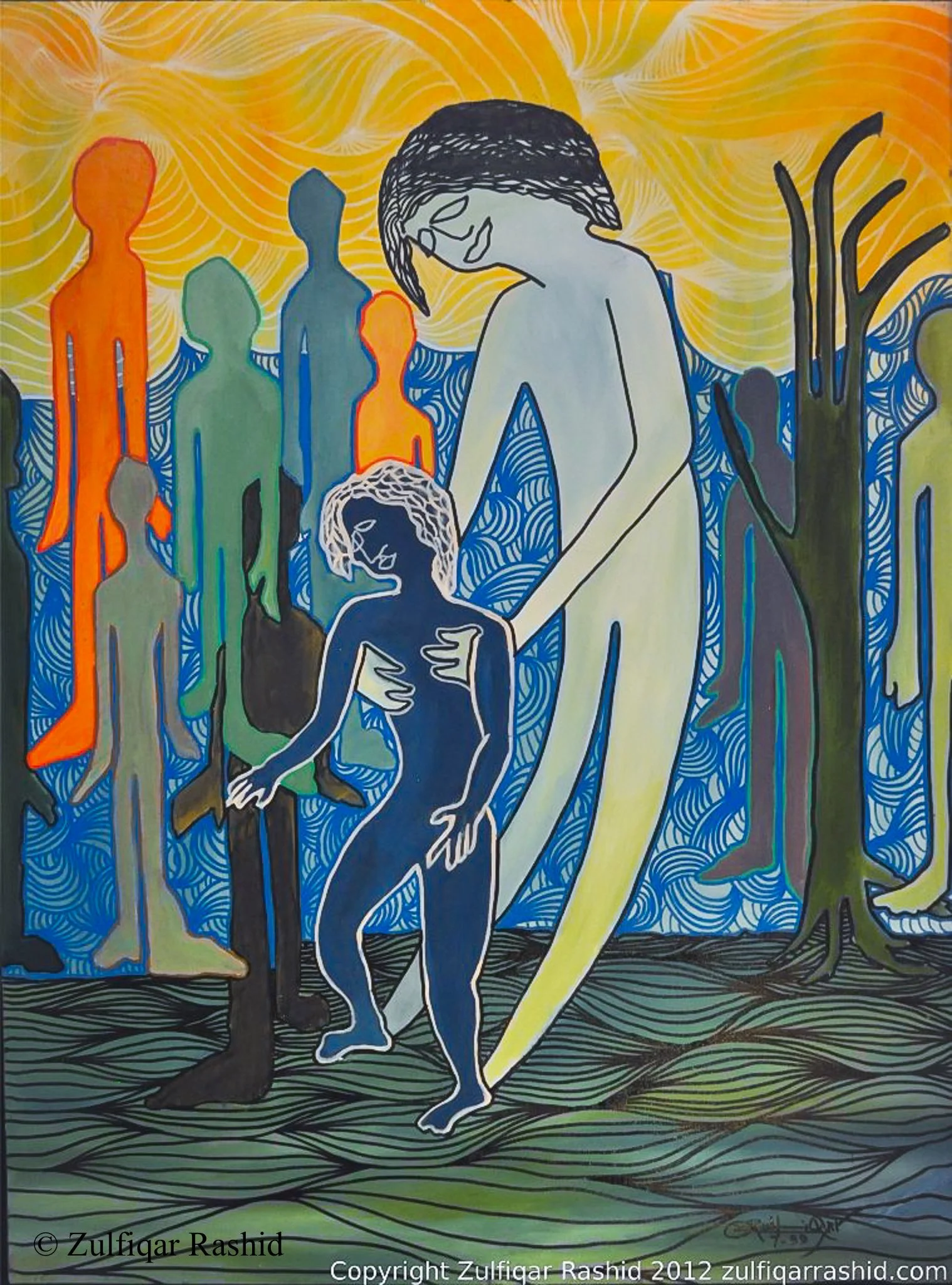 Colorful abstract artwork depicting multiple human figures with elongated features and flowing lines. The figures are set against a vibrant yellow background with swirling patterns. Some figures are outlined in black, while others are filled with bright colors like orange, green, and blue. One central figure appears to be sitting with another figure leaning on them. The scene has a surreal, dreamlike quality.