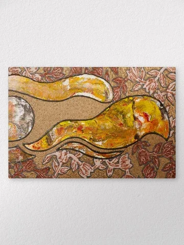 Abstract painting of two stylized yellow and orange birds with long, curved beaks, against a background of brown and red floral patterns.