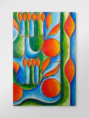 Colorful abstract painting featuring candles, oranges, and leaves with vibrant blue, green, orange, and red hues.