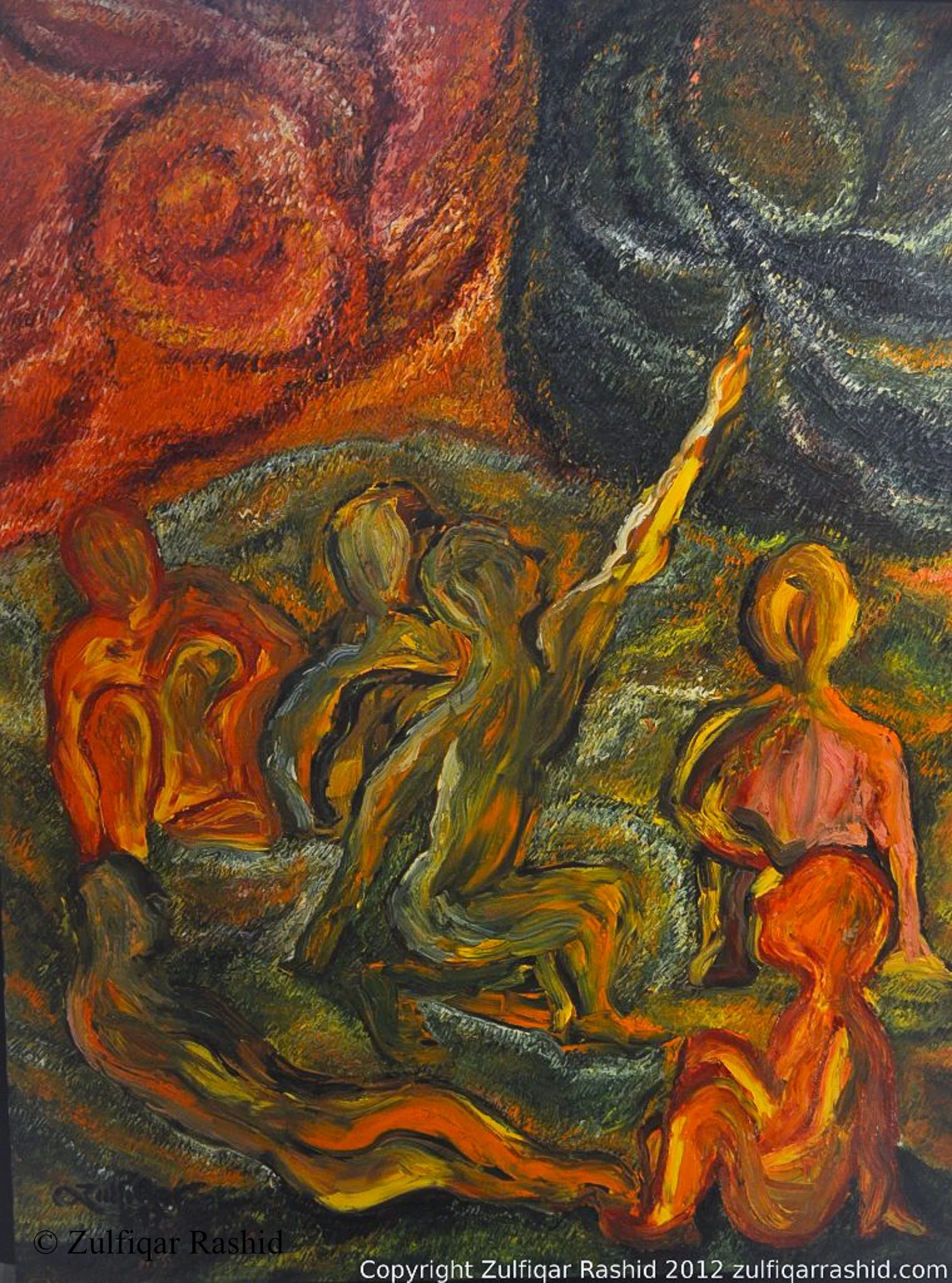 A colorful abstract painting with swirls of red, orange, yellow, and black, resembling fiery flames or roses.
