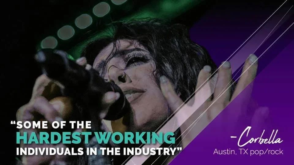 A purple poster featuring a performer. that reads "Some of the hardest working people in the industry"