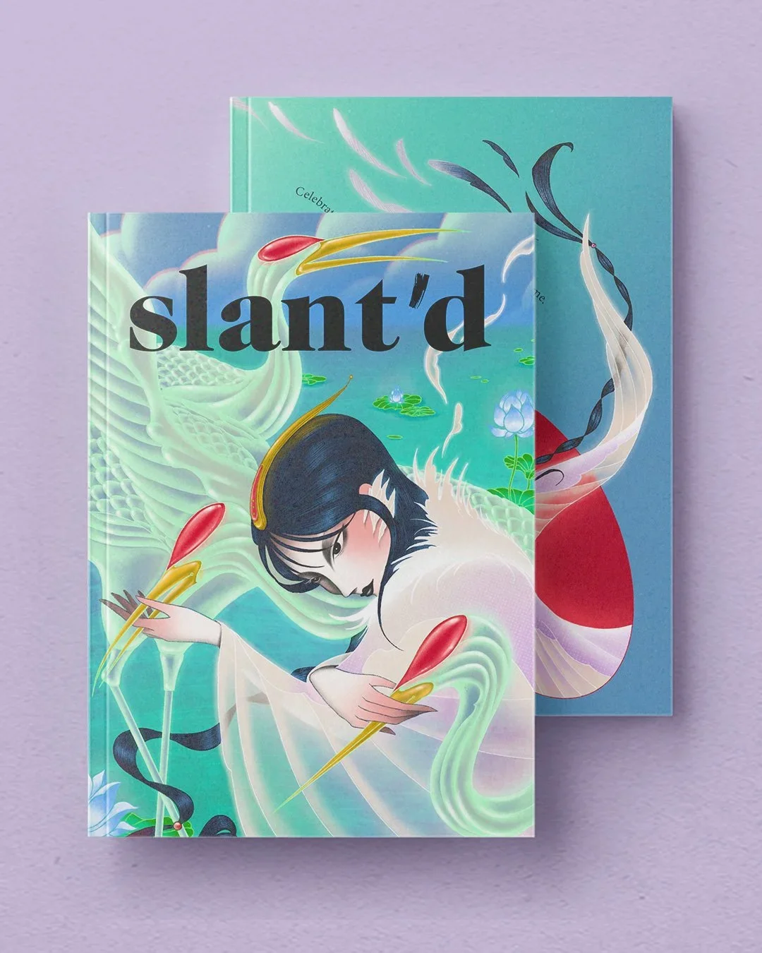 A magazine with SLANT'D written across the top,  featuring a woman with black hair and a crane, against a light purple background.