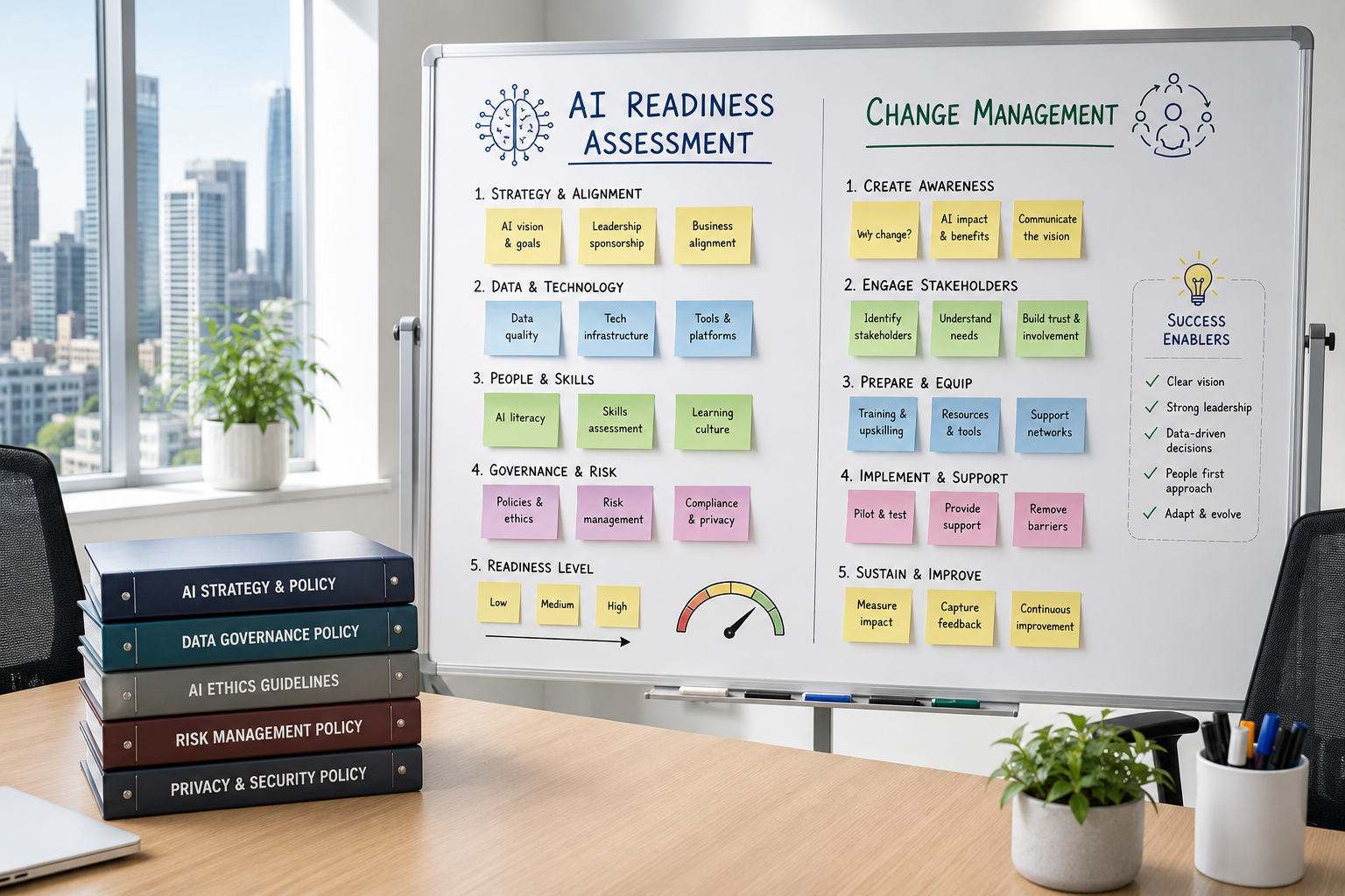 Whiteboard with AI readiness assessment and change management steps, sticky notes, and success enablers in an office with cityscape view.