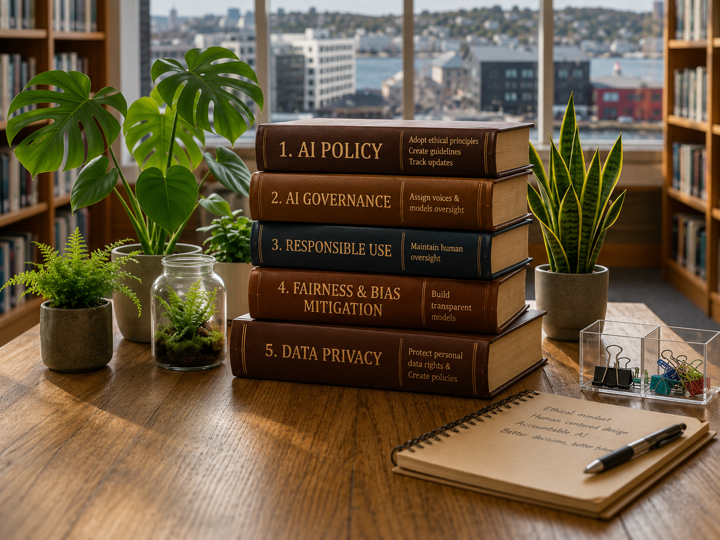 Stacked books on artificial intelligence and ethics on a wooden desk with potted plants, a notebook, and office supplies, with a cityscape view through large windows in the background.